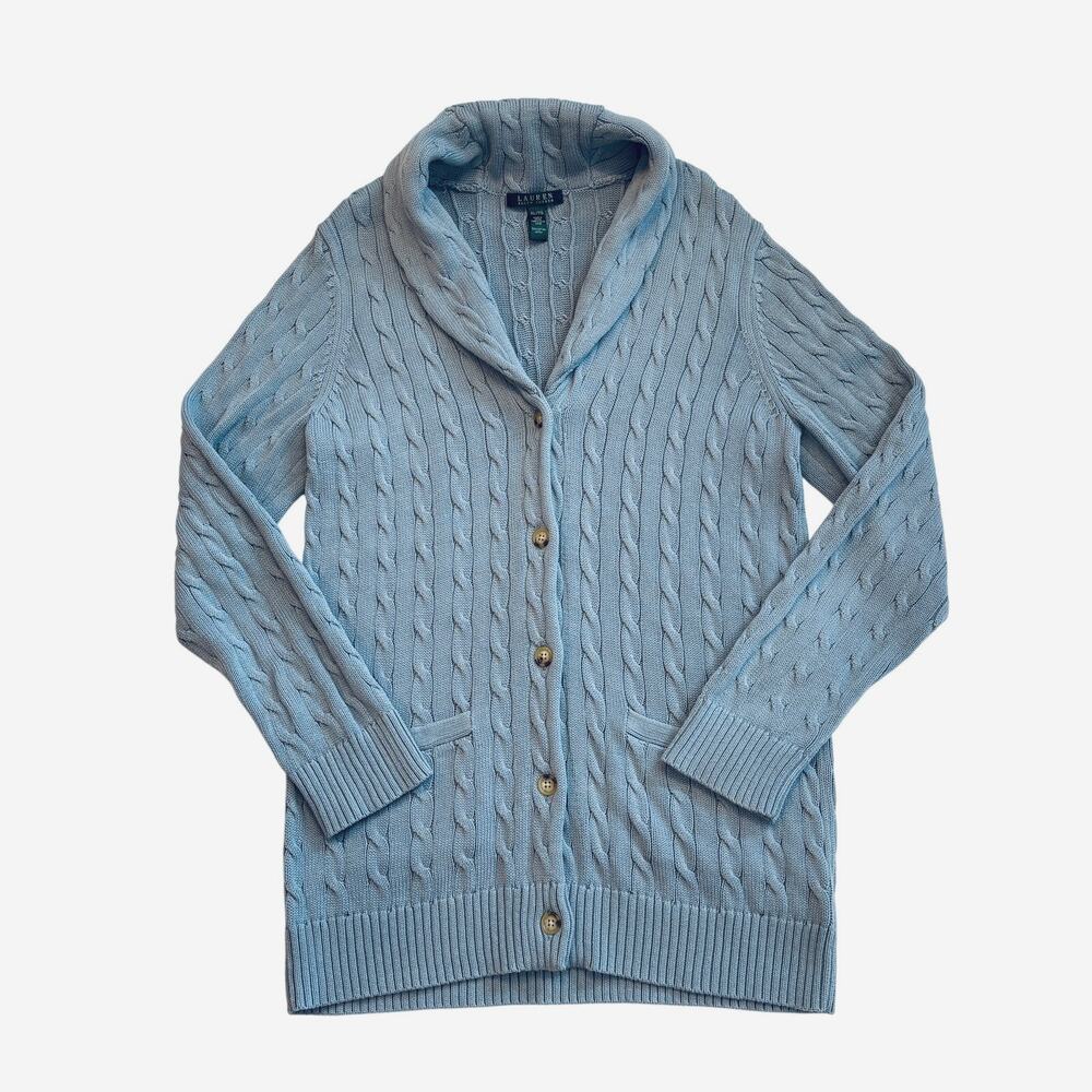 Vtg Lauren Ralph Lauren Cardigan Sweater Womens XL Blue Cable Knit Shawl Collar